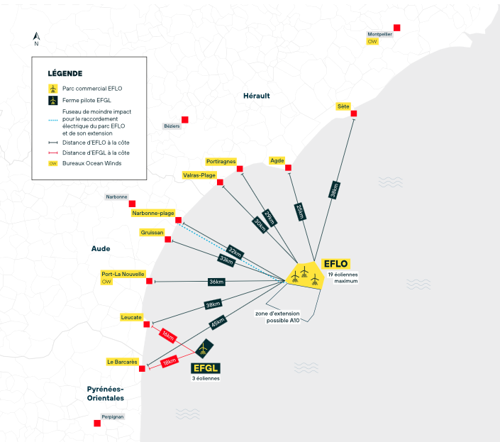 Plan de côté indiquant les distances entre le projet et les communes du littoral Plan de côté indiquant les distances entre le projet et les communes du littoral